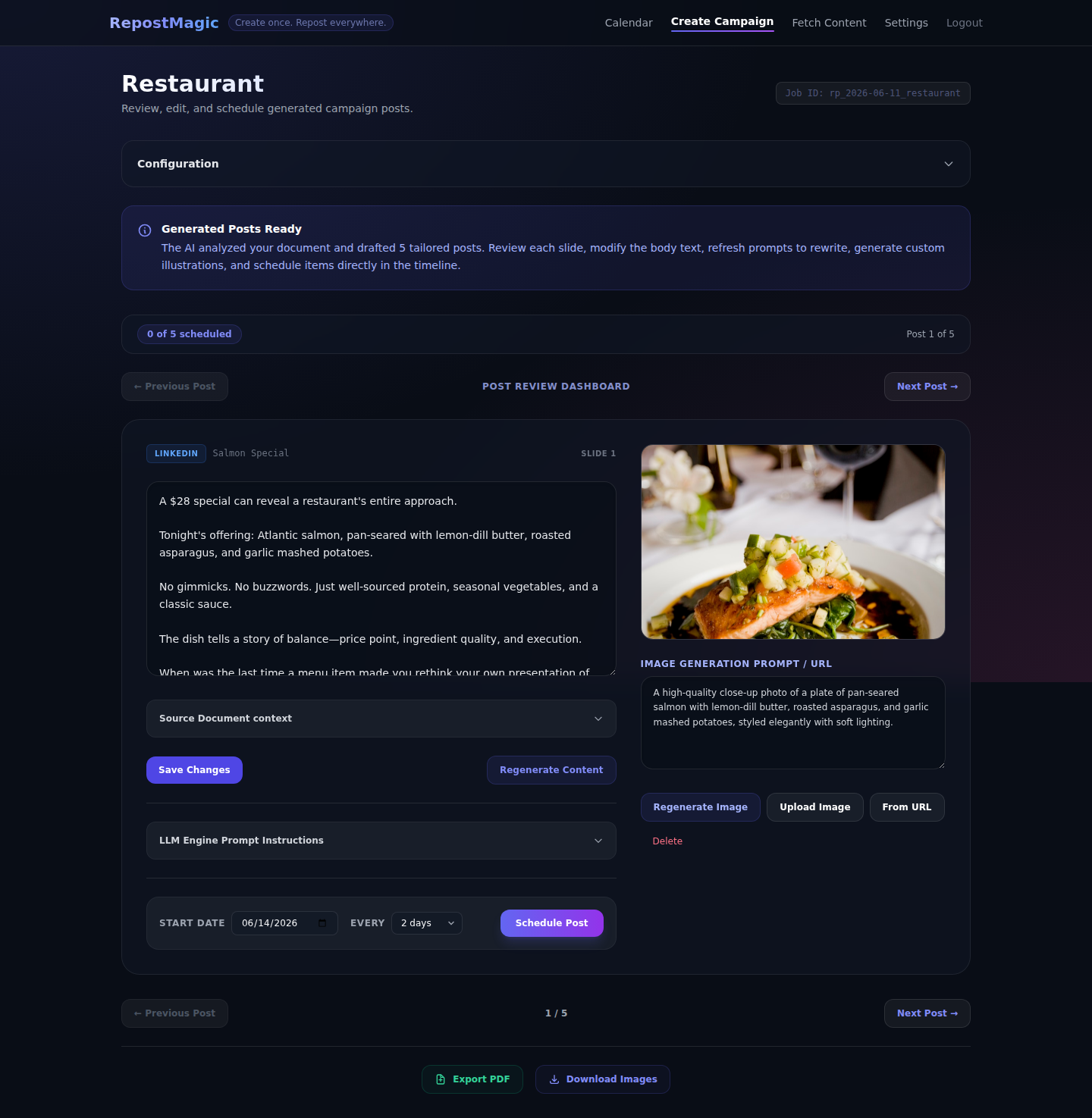 RepostMagic post review workspace — edit, regenerate, and schedule